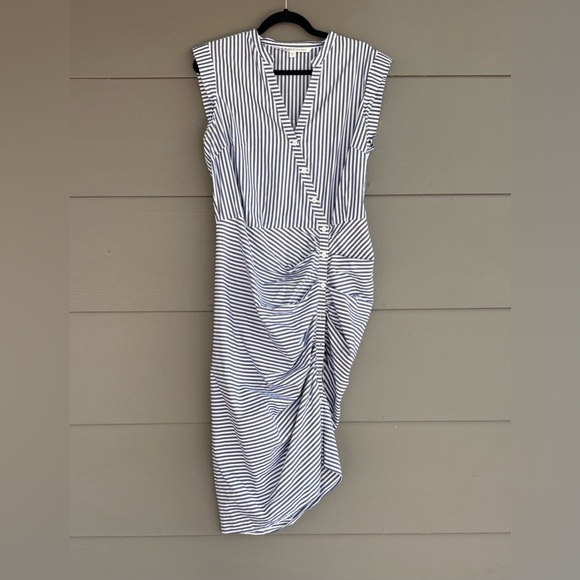 Veronica Beard Striped Asymmetrical Ruched Cotton Shirt Dress - Picture 3 of 16